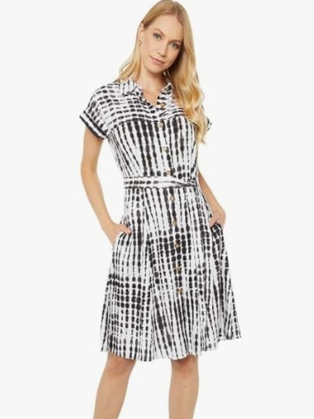 CALVIN KLEIN Brown & White Tie-Dye Linen Shirt Dress with Belt